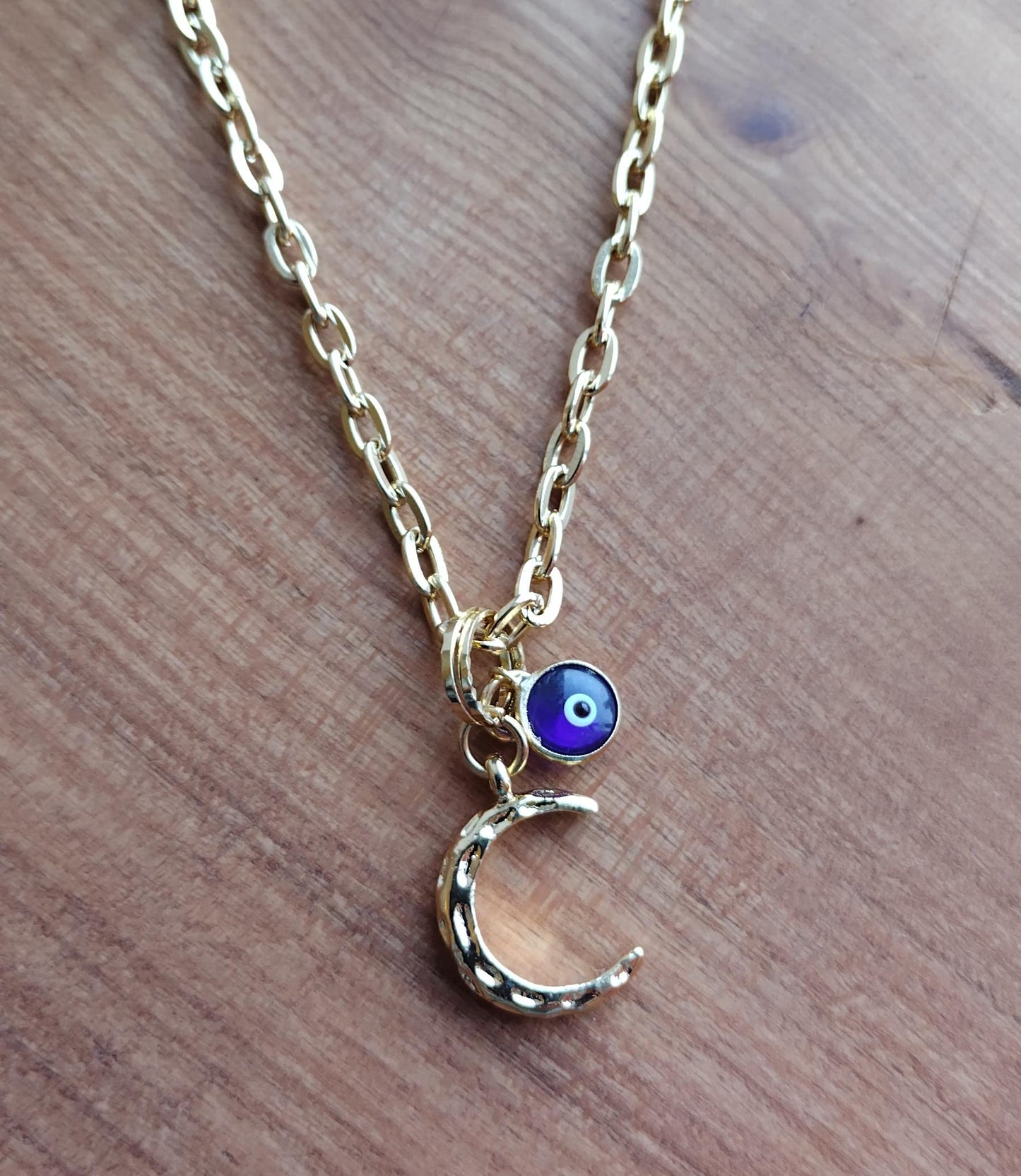 Moon & Evil Eye Necklace - 17" to 19" Chunky Chain